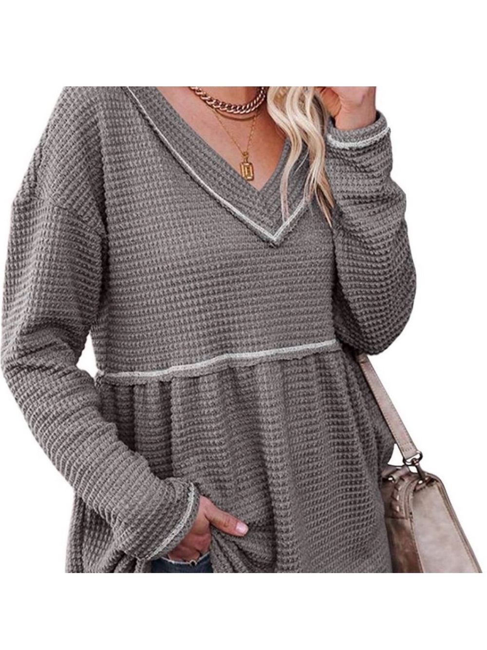 Waffle Knit V Neck Babydoll Long Sleeve Top Gray XL Boho Chic Soft Girl